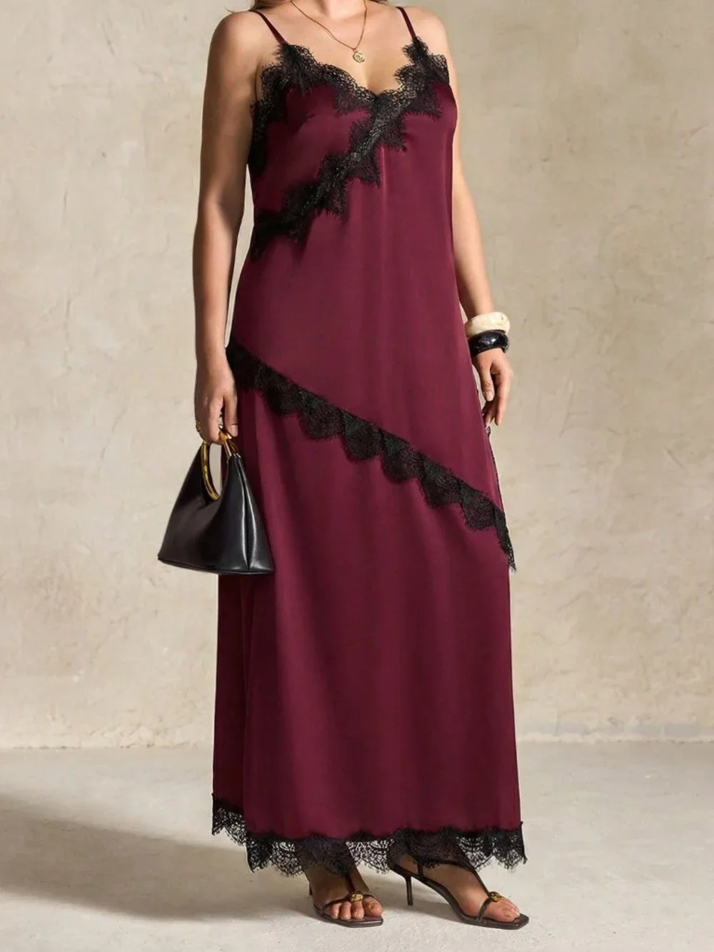 Burgundy Casual Women's Contrast Lace Ruffle Spaghetti Strap Midi Skirt Set